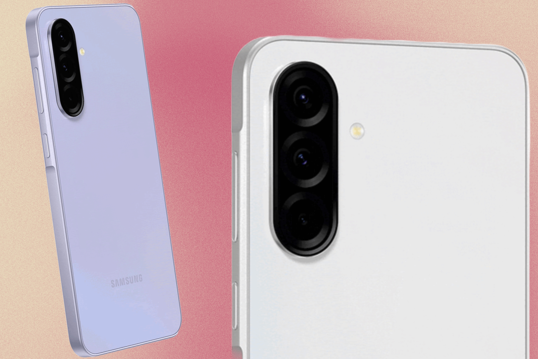 Renderização vazada do Samsung Galaxy A36 nas cores branca e roxa.