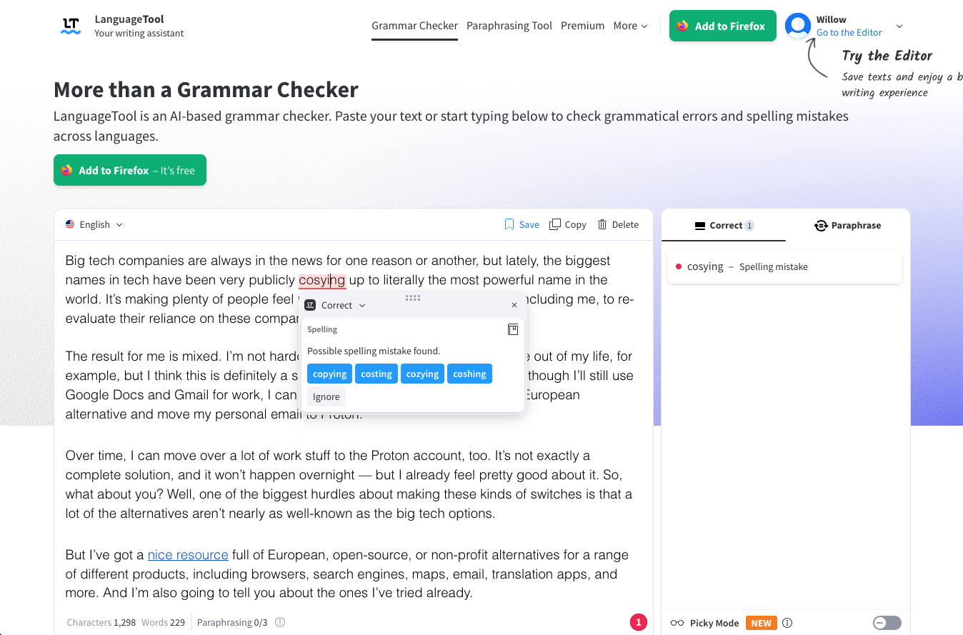 LanguageTool Grammarly alternative screenshot.