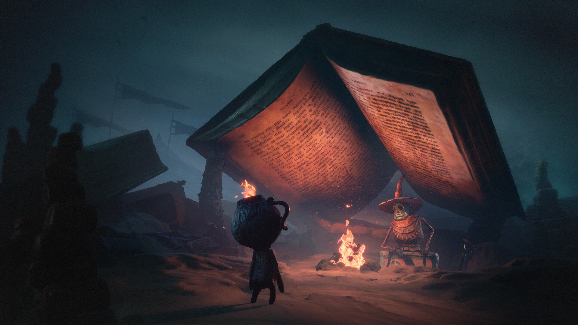 A character camps under a large book in The Midnight Walk.