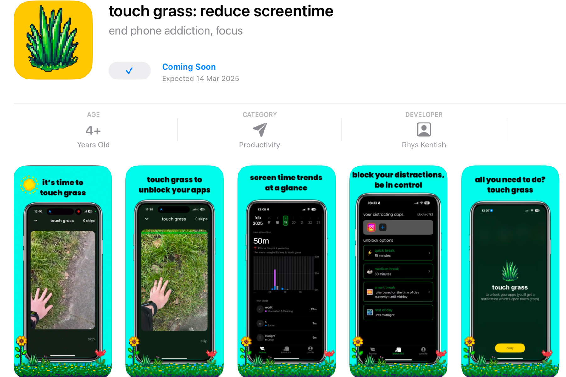 Снимок экрана со списком приложения Touch Grass в App Store