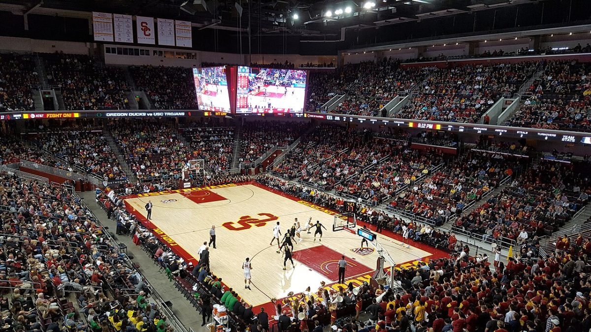 Aerial view of the Galen Center at USC.