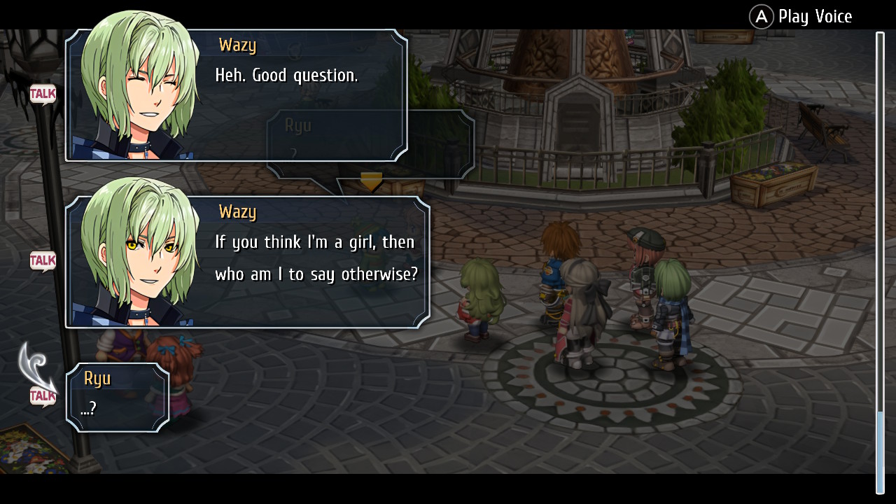 Wazy speaks to companions in Trails by Azure.