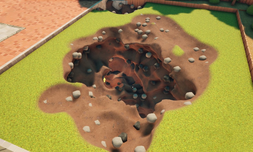 A hole appears in a backyard in A Game About Digging a Hole.