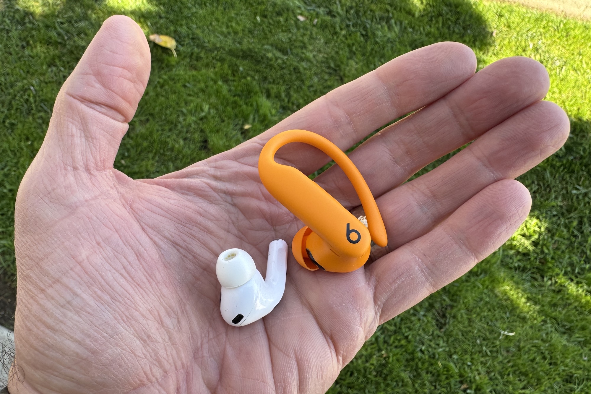 Die Ohrhörer Apple AirPods Pro 2 und Beats Powerbeats Pro 2 in einer Hand mit Gras im Hintergrund.