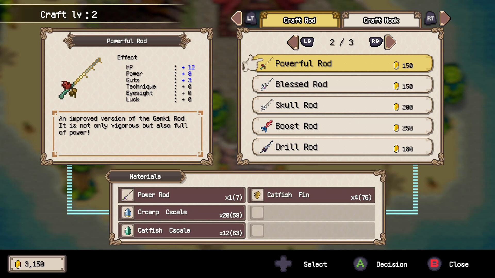 An inventory screen showing different types of fishing rods and their stats.