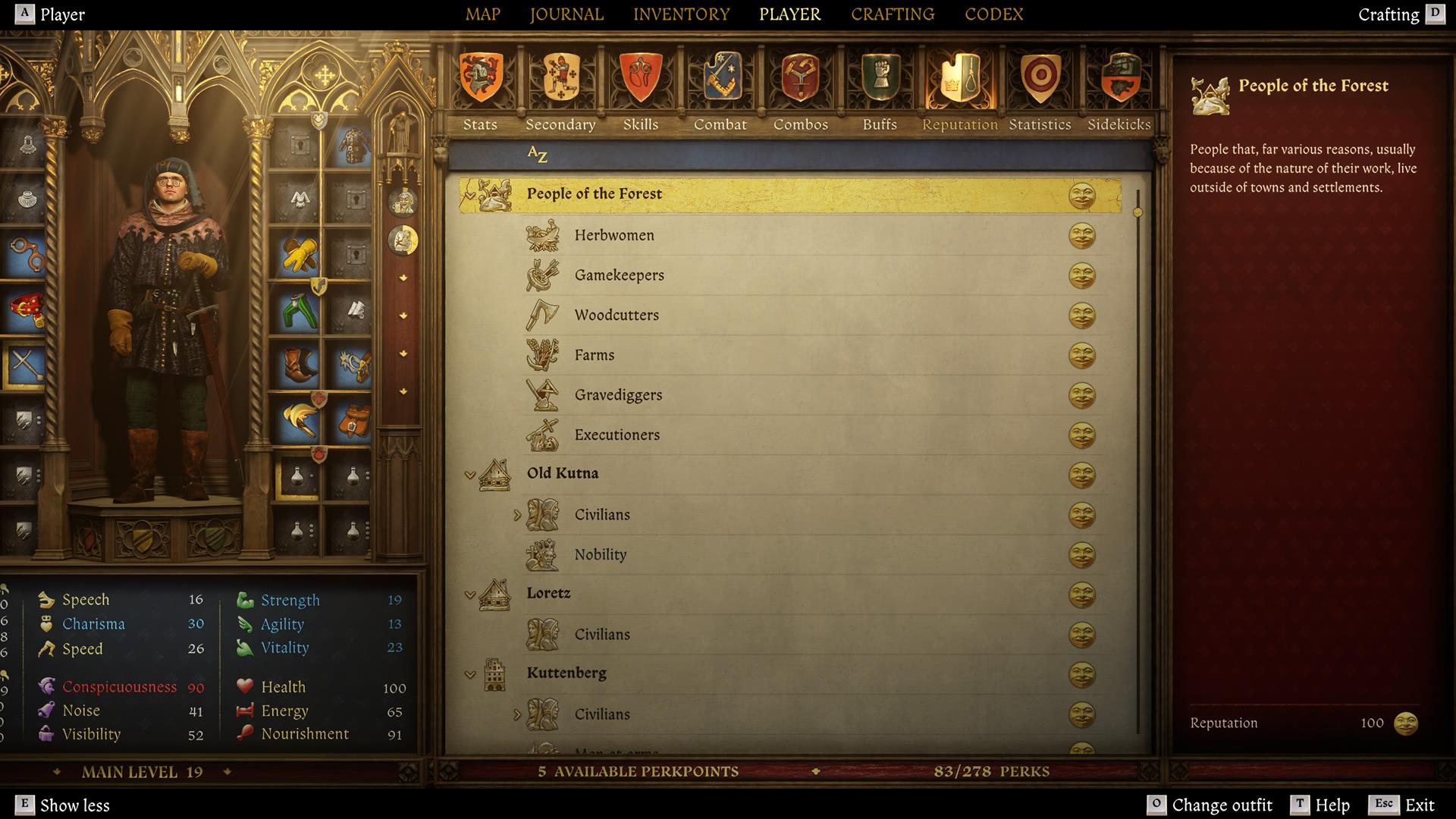 The Player menu showing reputation values with each type of NPC.