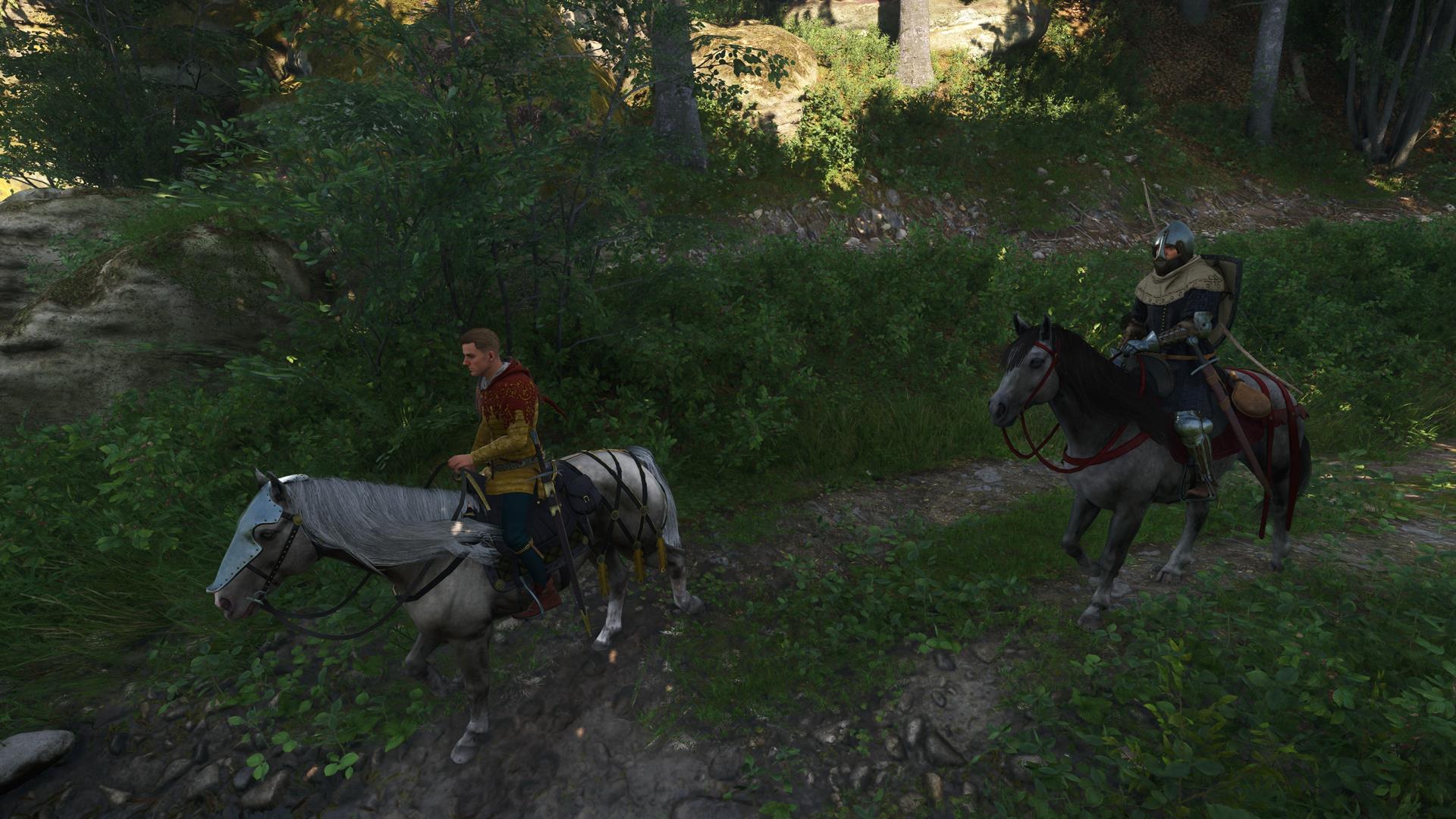 The player is following another character while on horseback.