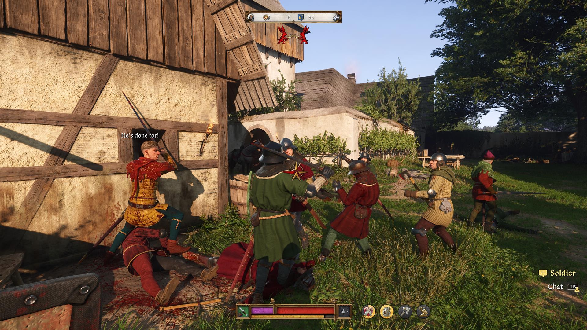 The player engages multiple foes while surrounded by allies.