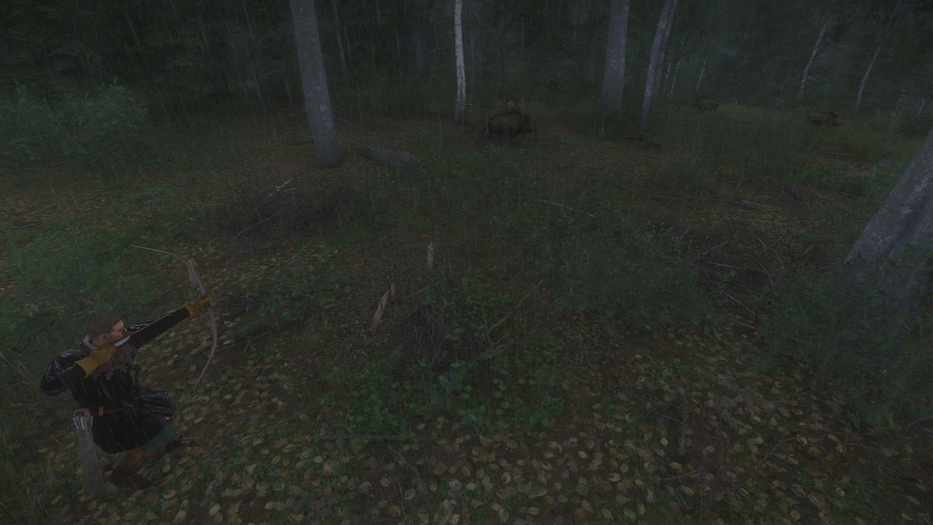 The player takes aim at wild boars.