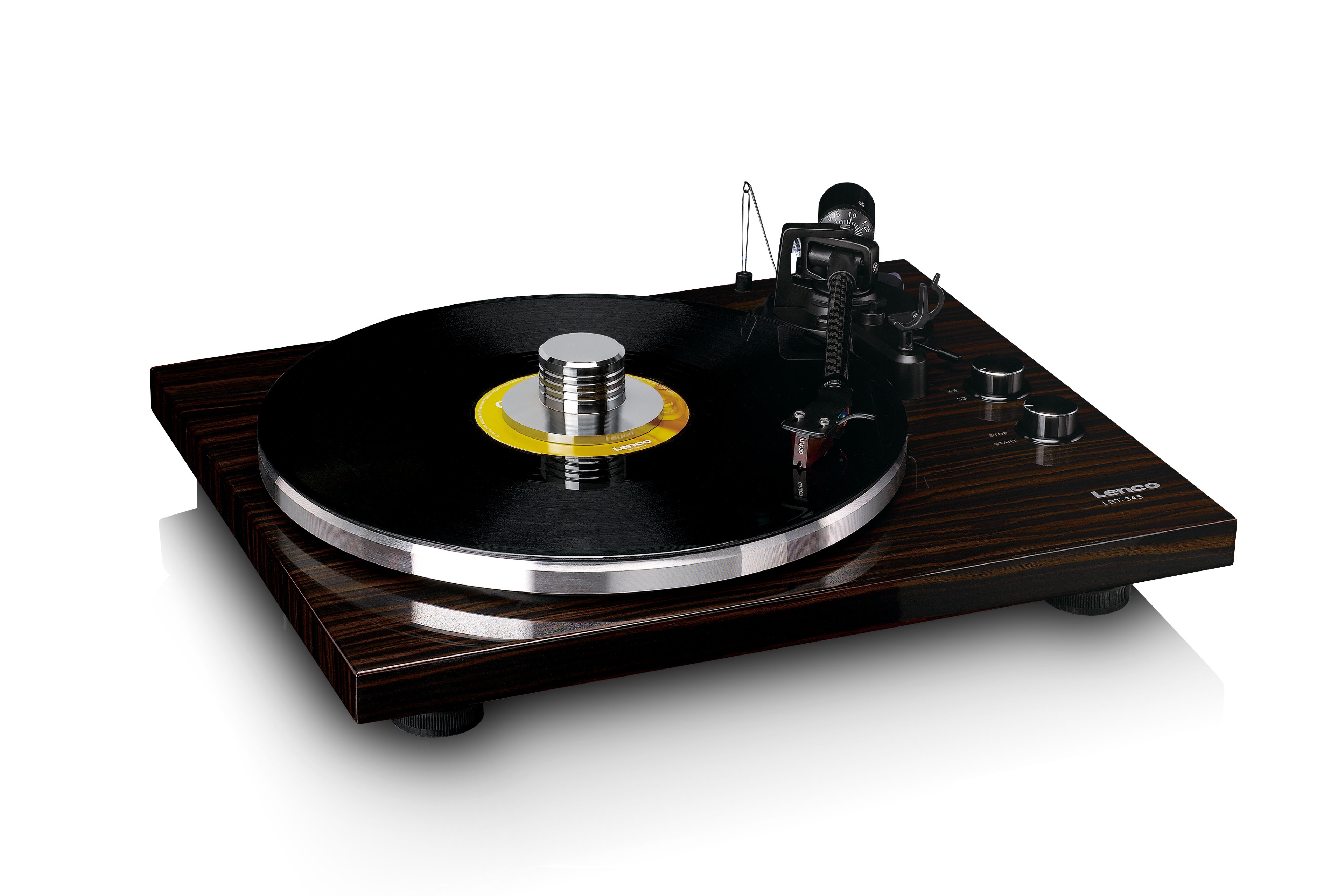 The Lenco LBT-345WA belt-drive turntable with the record stabilizer.