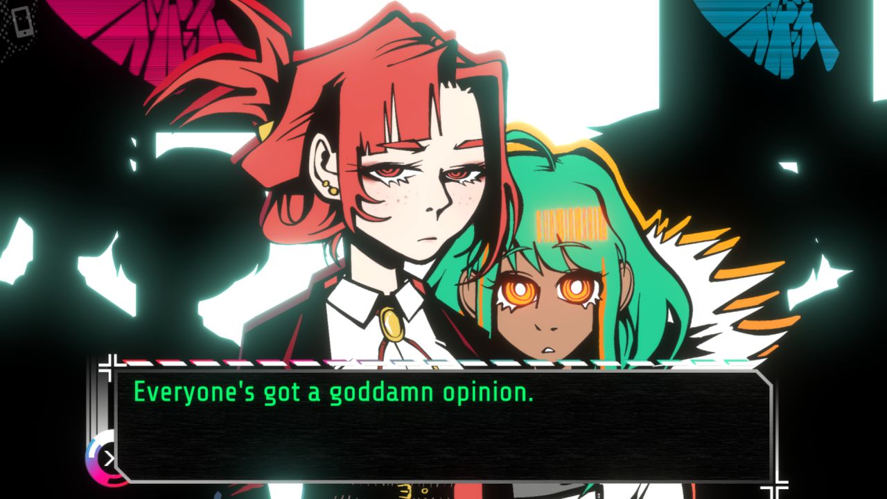 A woman with red hair stands next to a shorter woman with green hair. A text box reads "everyone's got a goddamn opinion."