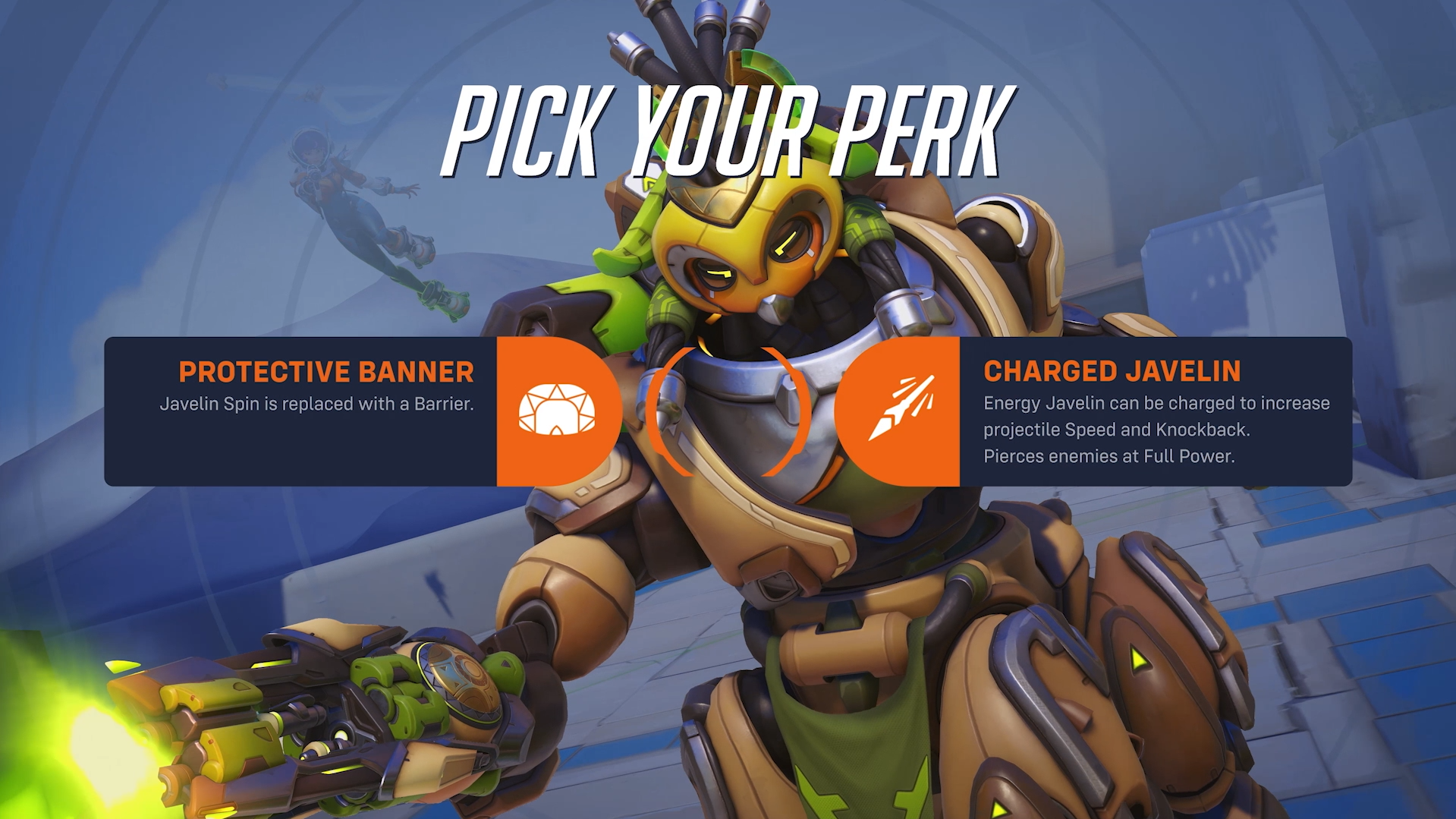 Orisa chooses a perk in Overwatch 2.