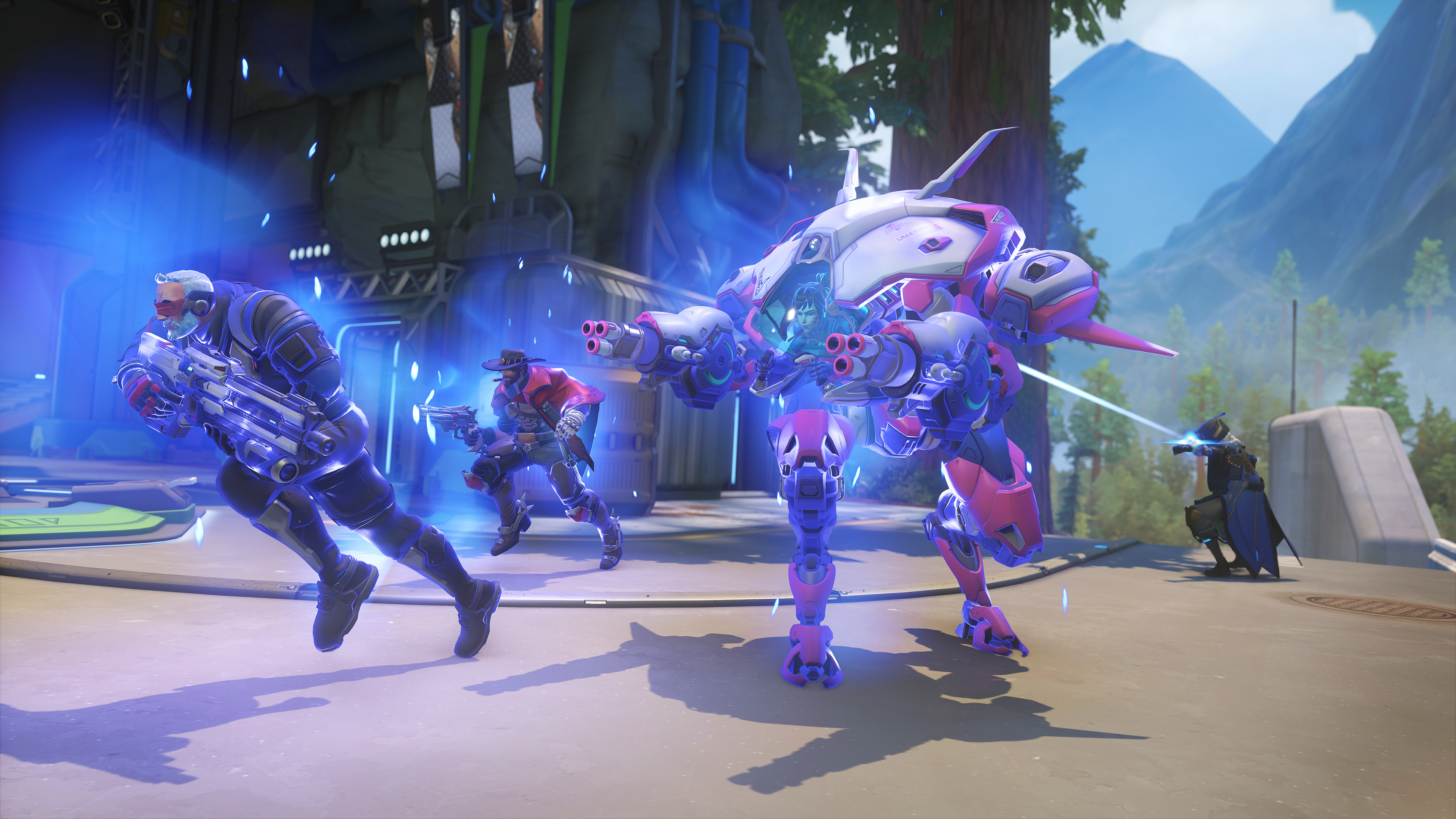 A squad of heroes pose together, including D.va, in Overwatch 2.