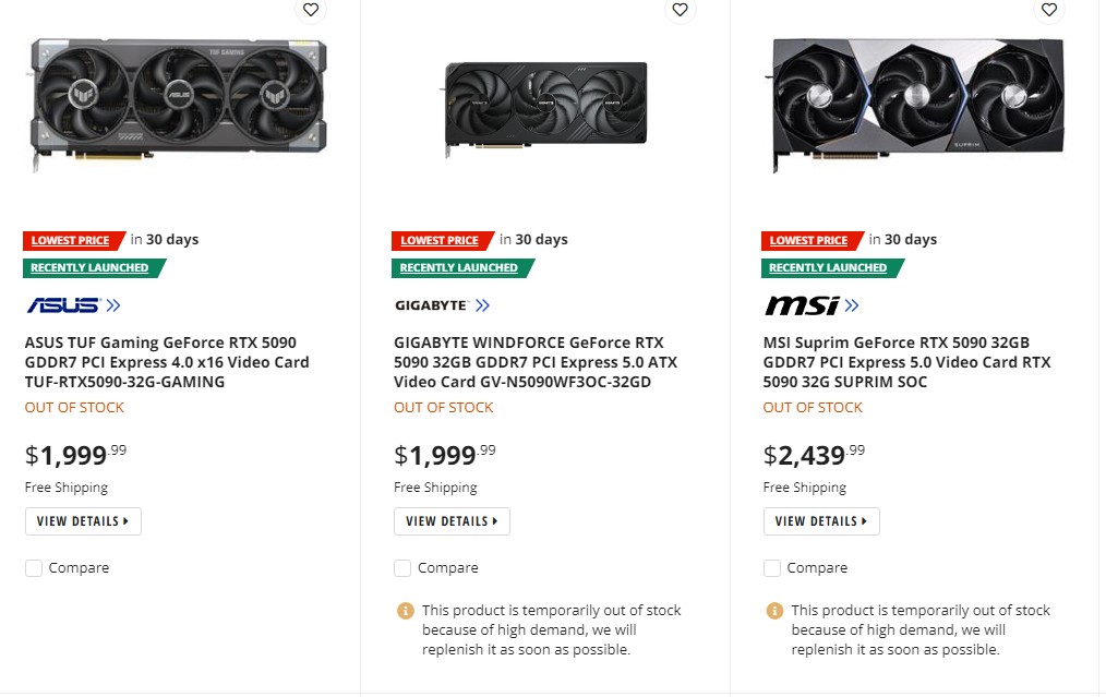 RTX 5090-Einträge auf Newegg.