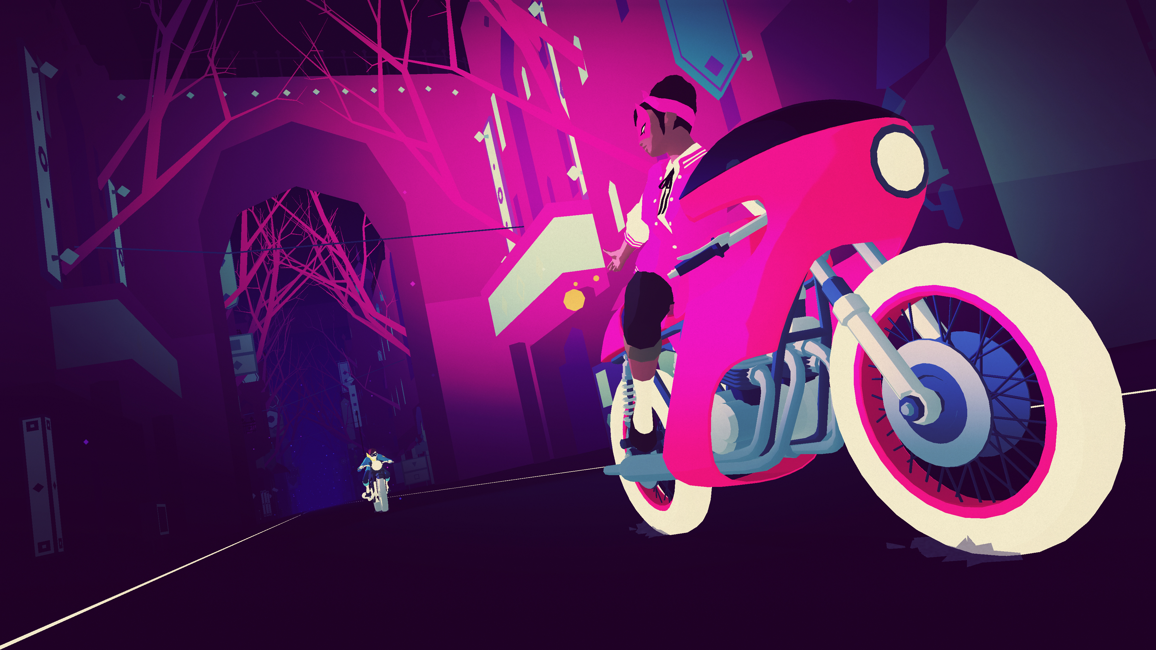 A woman sits on a pink motorcycle in Sayonara Wild Hearts.