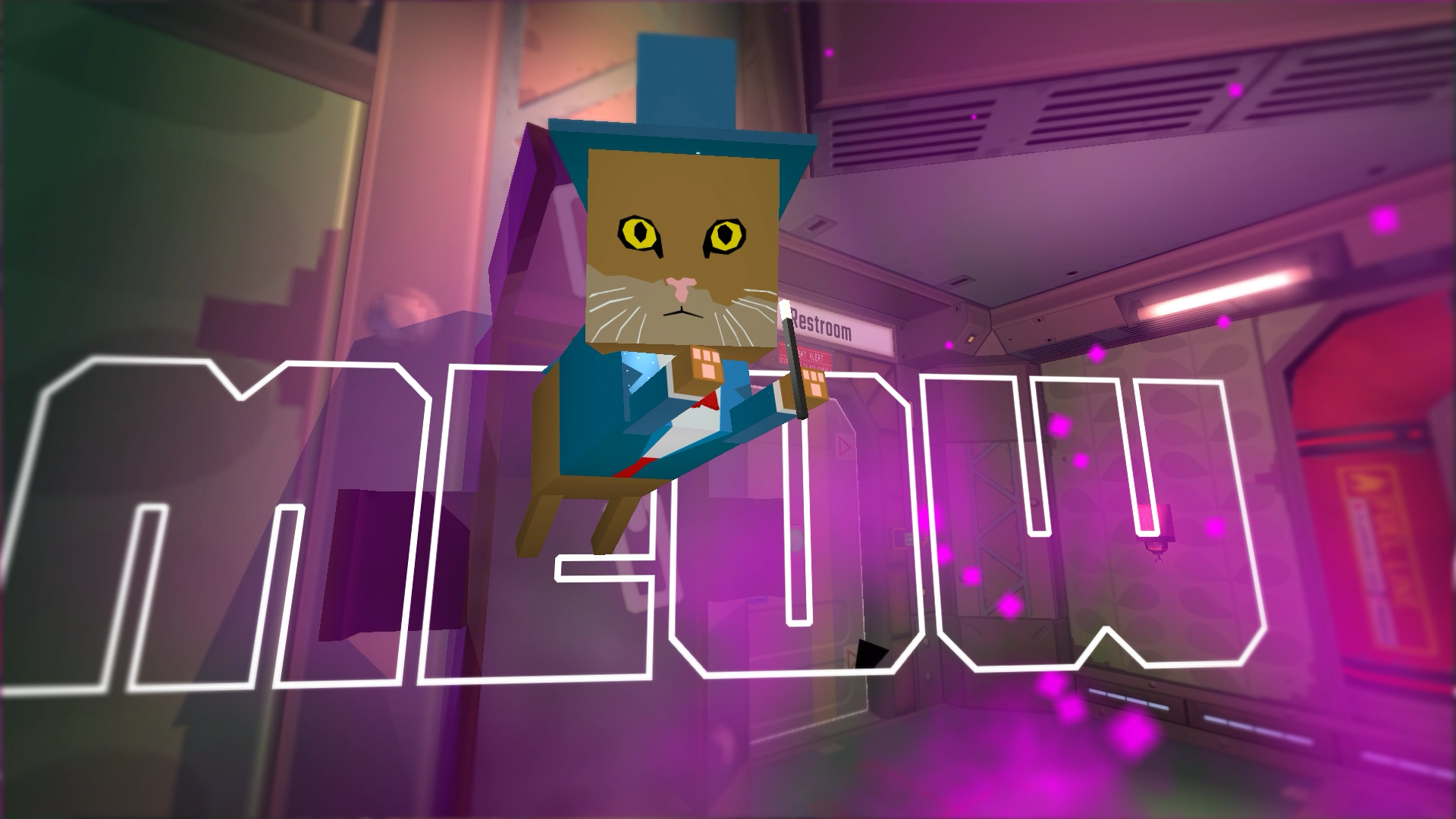 A cat jumps over the word meow in Skin Deep.