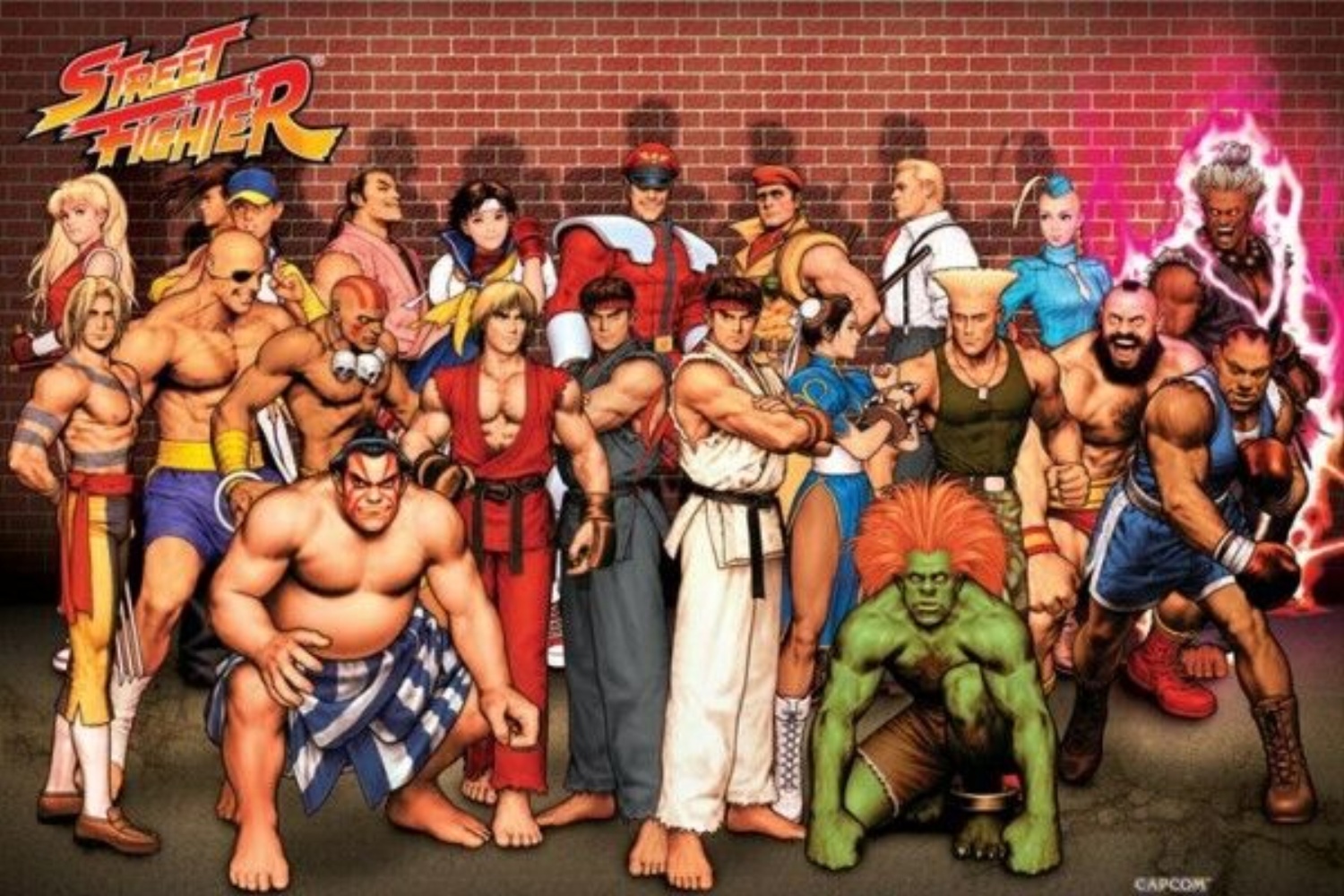 Street Fighter characters stand together in front of a brick wall.