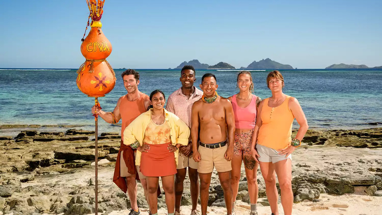 Members of the Civa tribe on Survivor 48 posing on the beach.