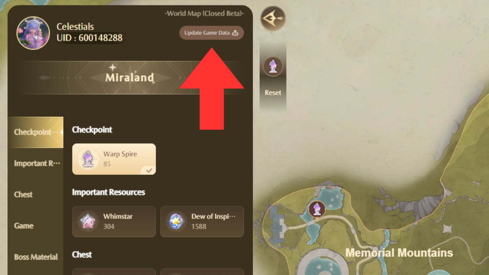 Update Game Data button on Infinity Nikki map.