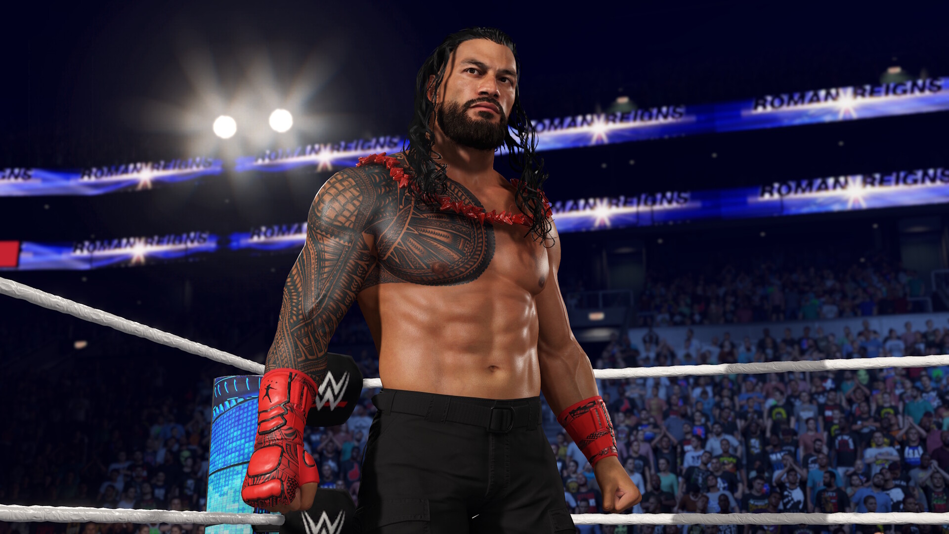 Roman Reigns stands inside a ring in WWE 2K25.