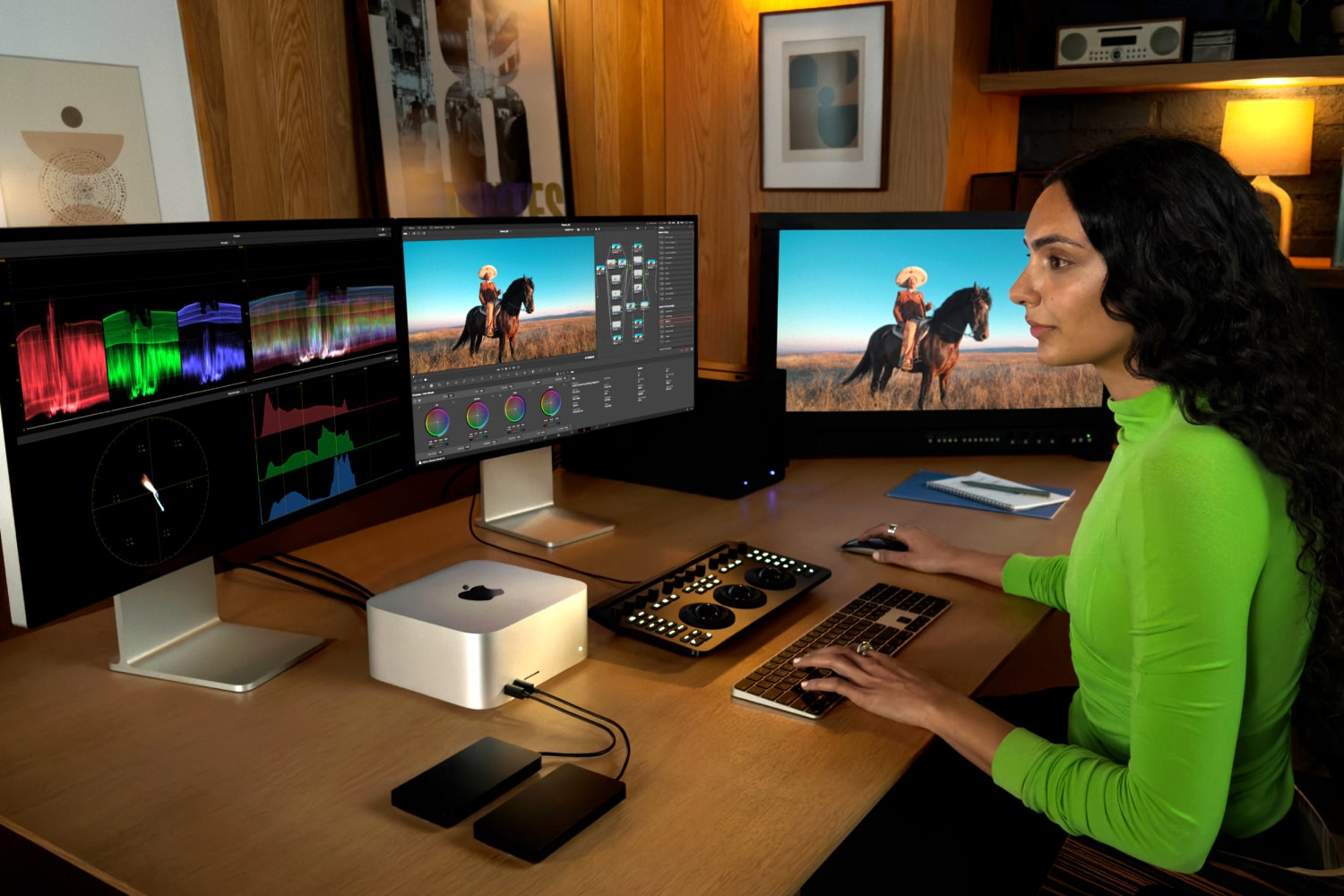 Apple Mac Studio with M4 Max and M3 Ultra chips and two Apple Studio Display monitors.