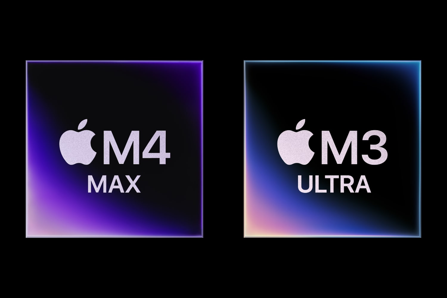 Los chips Apple M4 Max y M3 Ultra sobre un fondo negro.