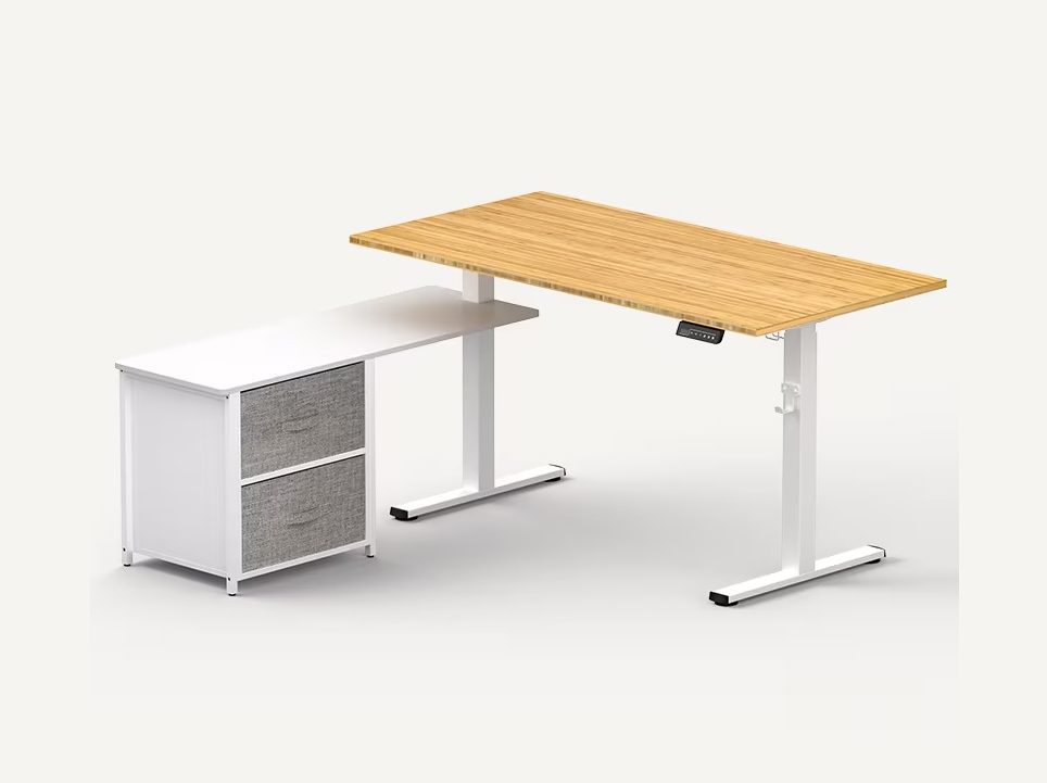 One possible configuration of a Flexispot FL1 L-shaped standing desk with cabinet.