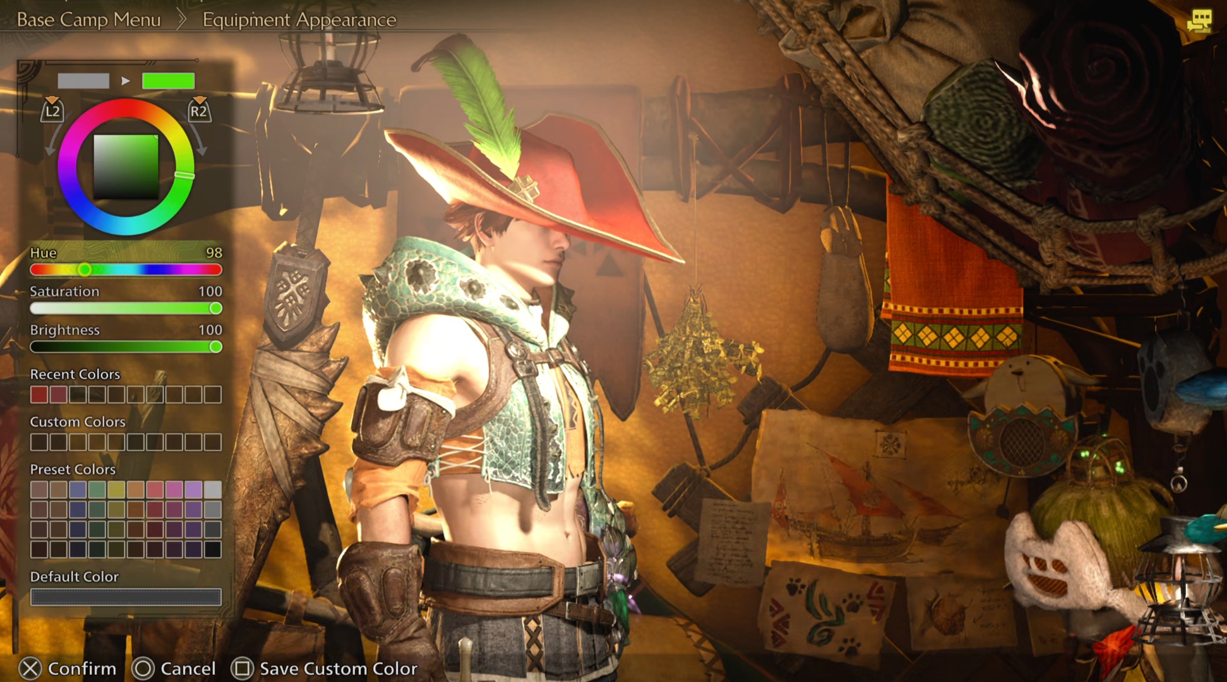 Un chasseur modifiant l'apparence de son équipement dans Monster Hunter Wilds.