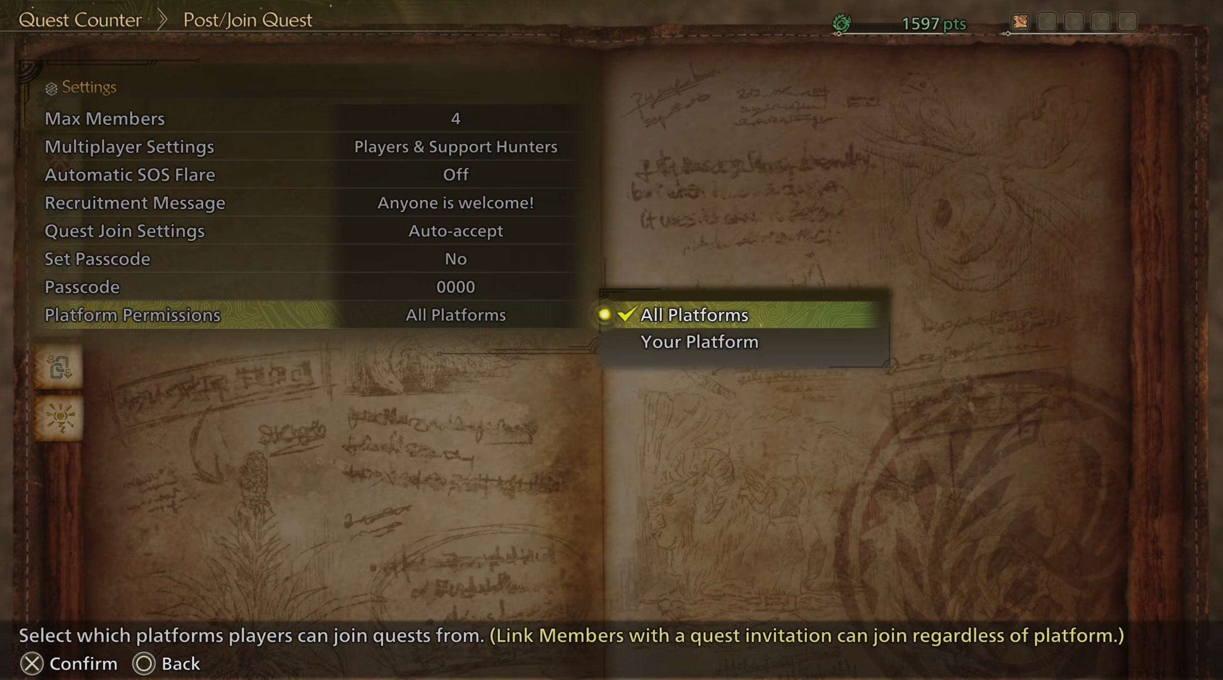 Les options de jeu croisé dans Monster Hunter Wilds.