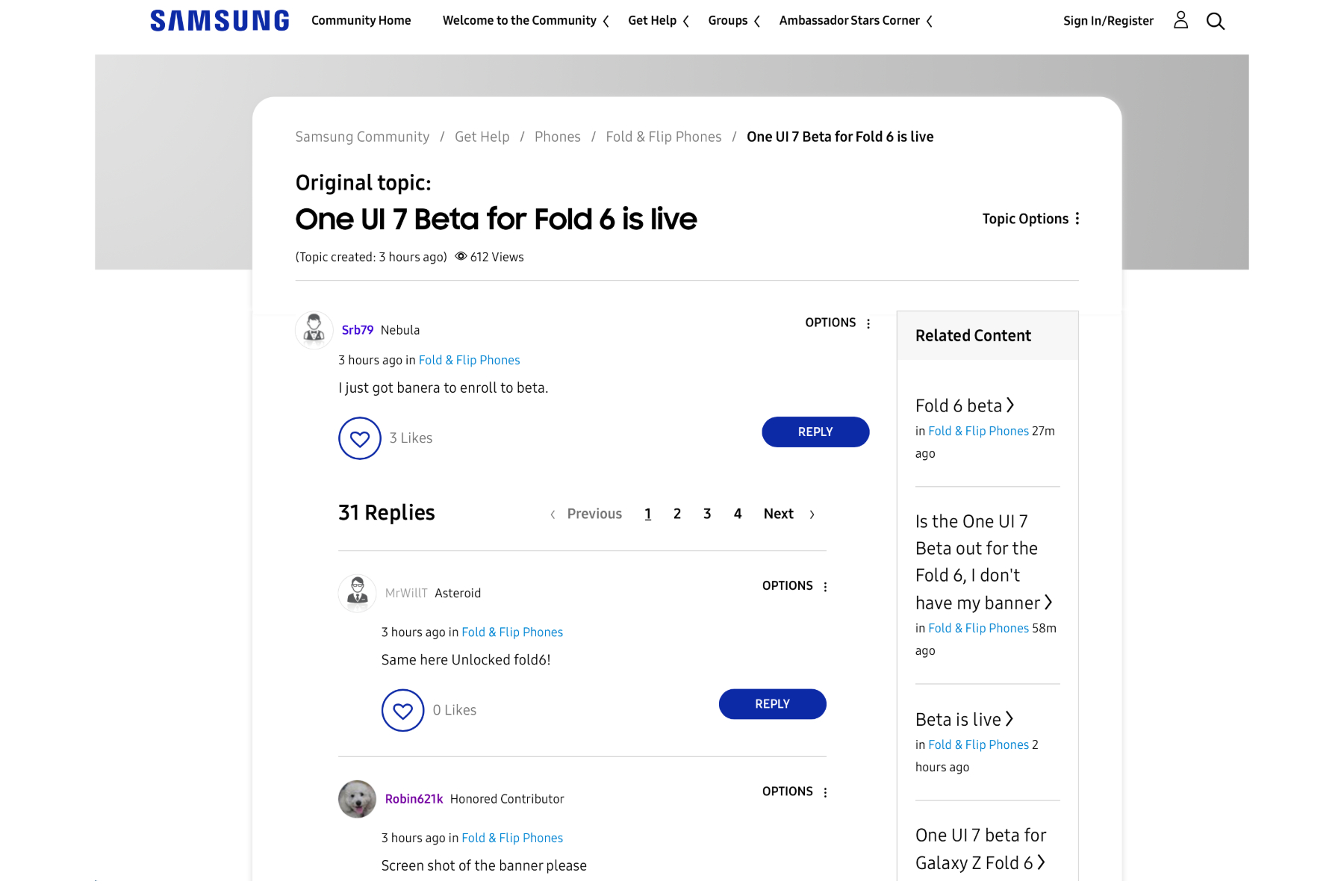 Postagens da comunidade Samsung sobre a atualização do One UI 7.