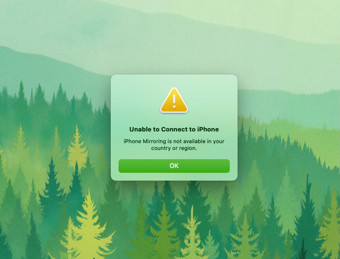iPhone Mirroring not available screenshot.