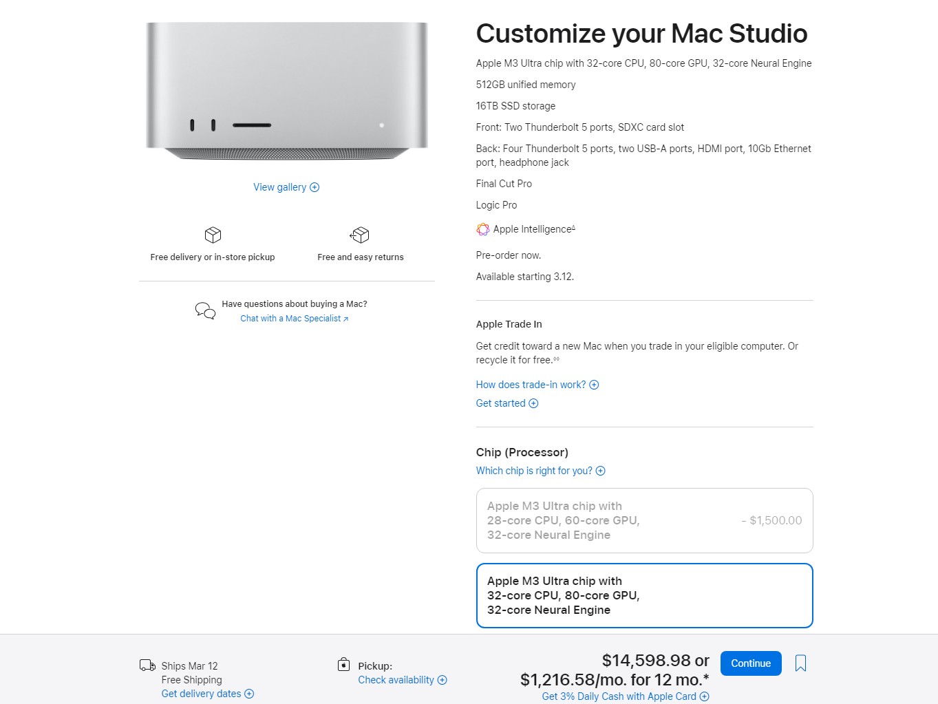 Screenshot of the Apple Mac Studio store website.