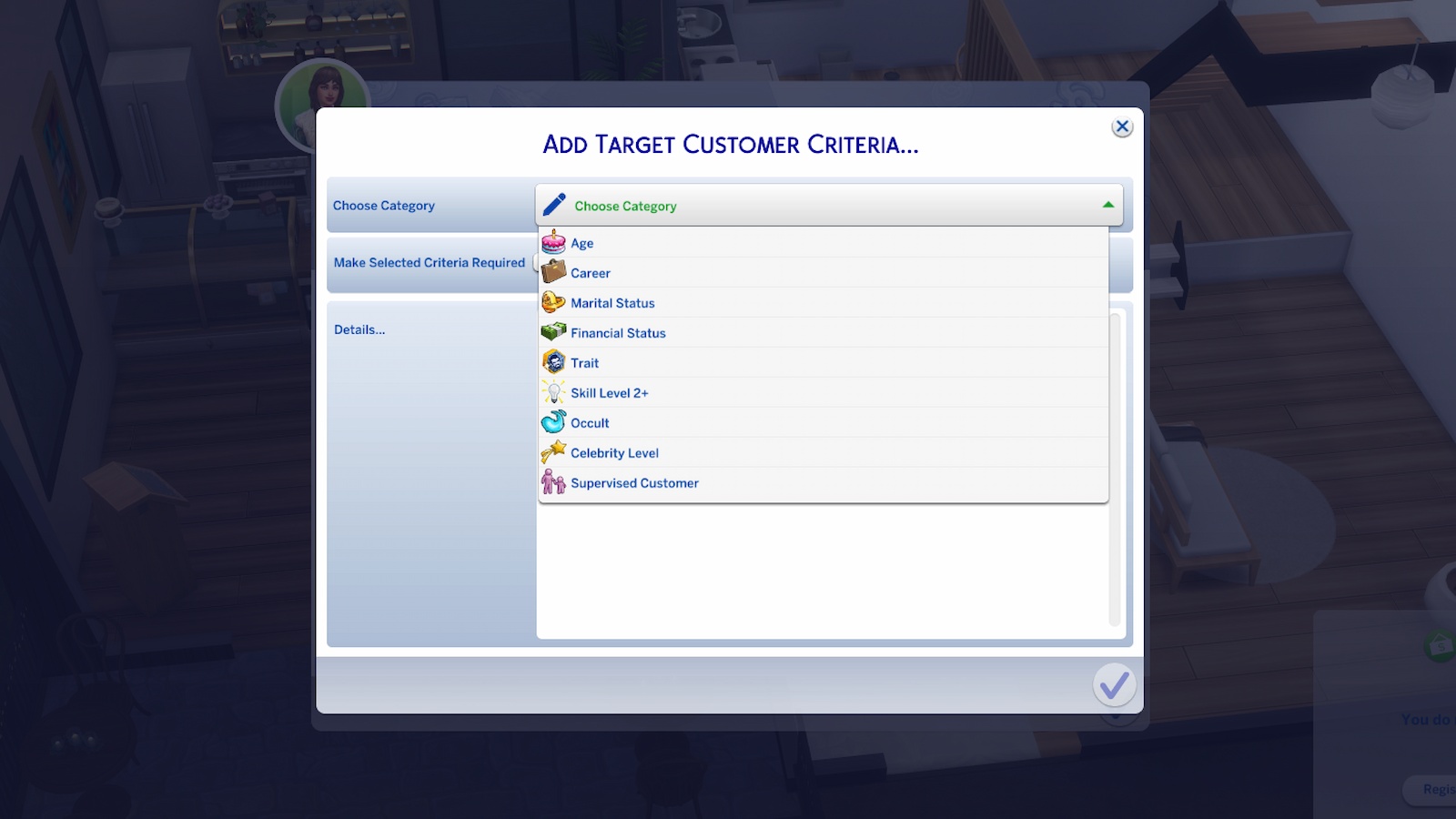 Critérios do cliente no The Sims 4 Negócios e Hobbies.