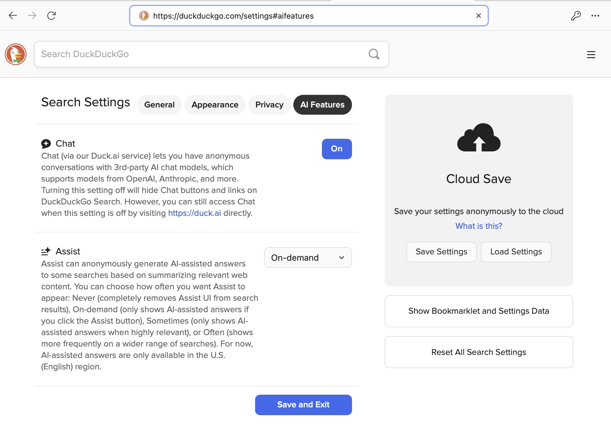 DuckDuckGo AI settings.