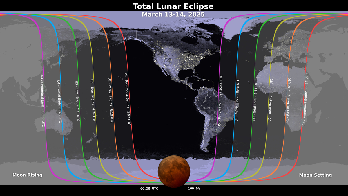 Mapa mostrando onde o eclipse lunar de 13 a 14 de março de 2025 é visível. Os contornos marcam a borda da região de visibilidade nos tempos de contato do eclipse, rotulados em UTC.