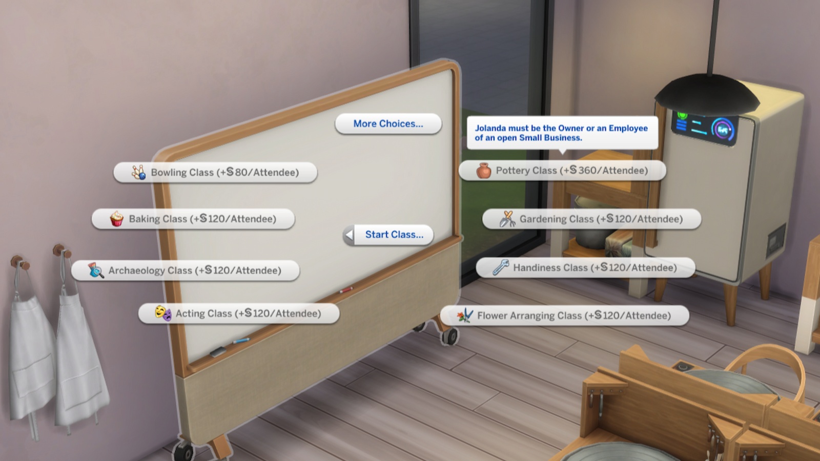 Whiteboard class options in The Sims 4 Businesses and Hobbies.