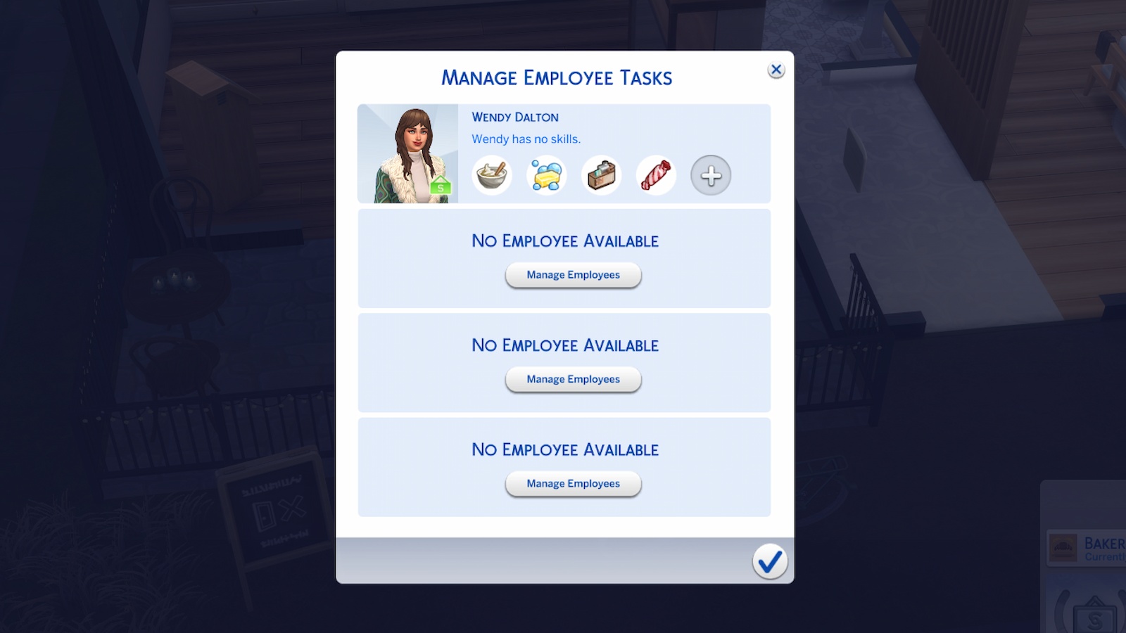 Managing employee tasks in The Sims 4 Businesses and Hobbies.