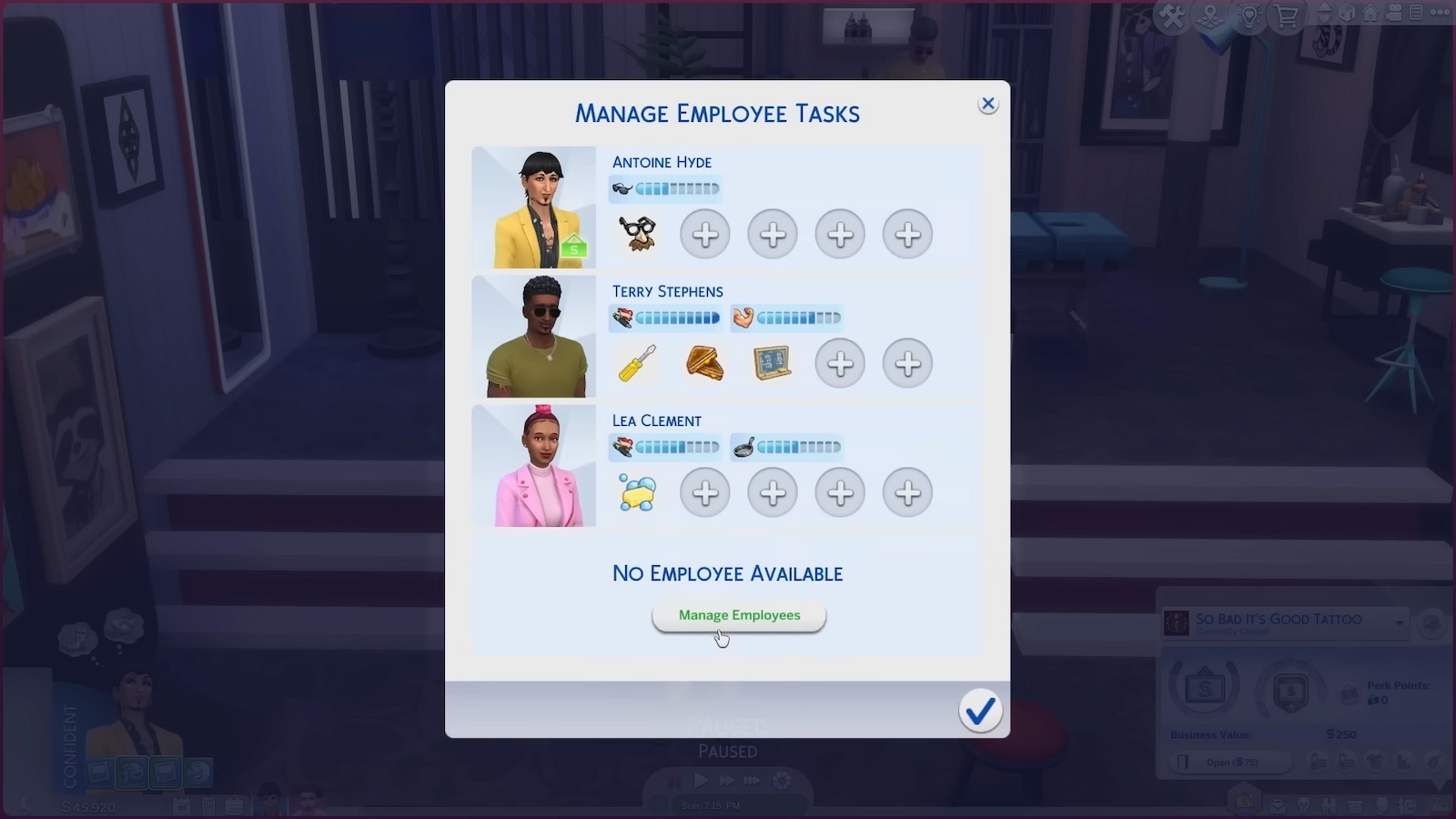 Tareas de empleados en Los Sims 4 Empresas y Pasatiempos.