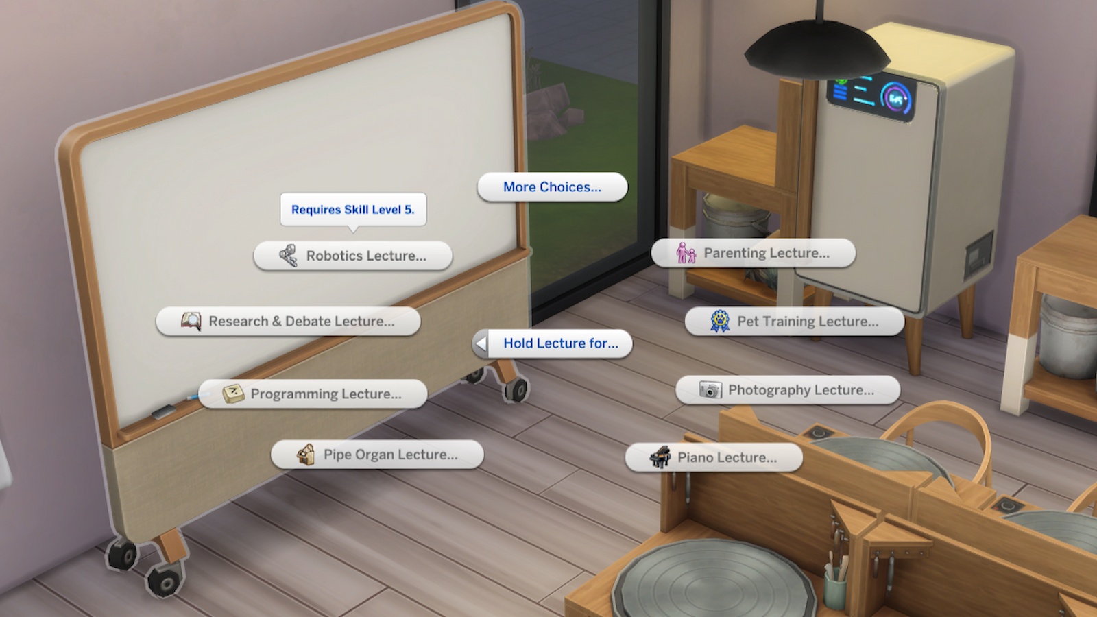 Whiteboard lecture options in The Sims 4 Businesses and Hobbies.