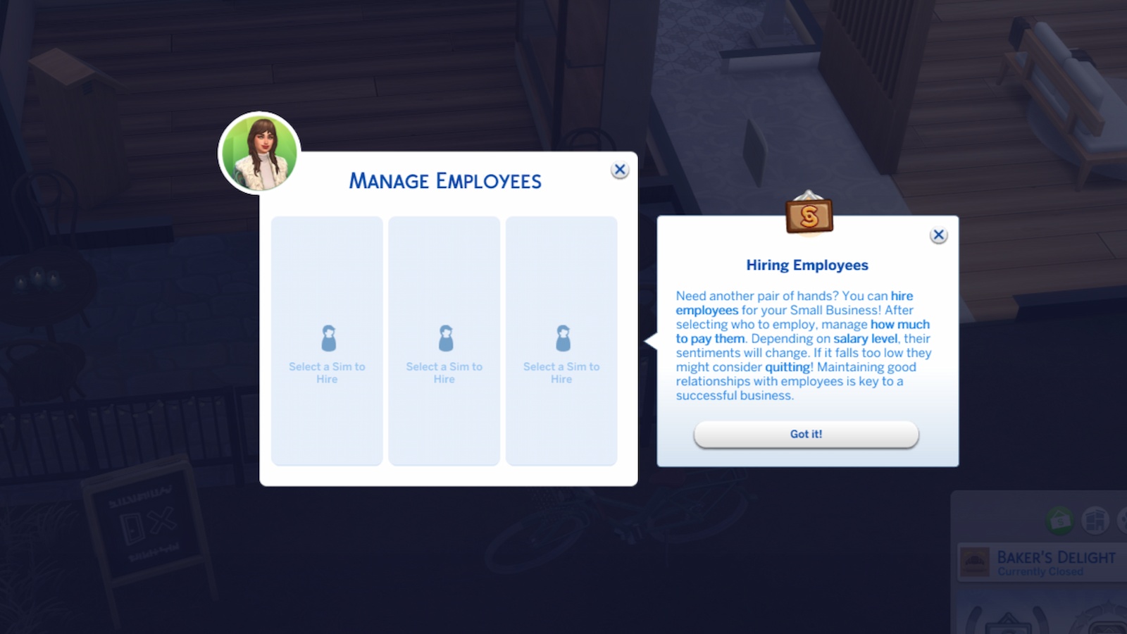 Hiring employees in The Sims 4 Businesses and Hobbies.