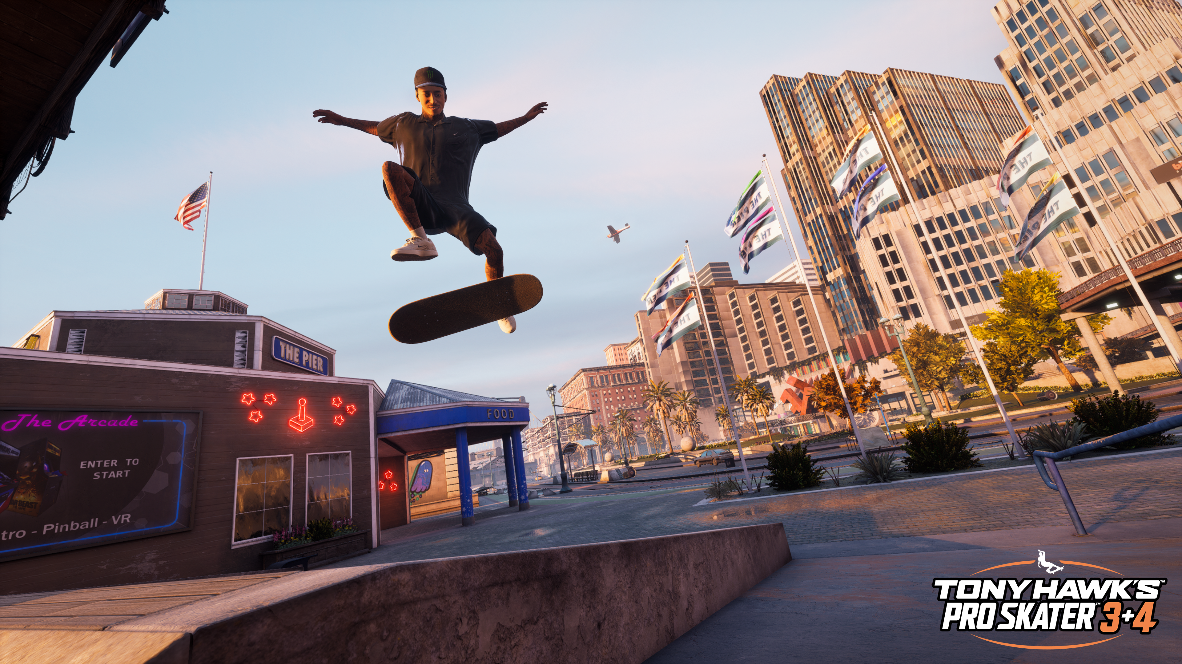 A skater jumps over a curb in Tony Hawk's Pro Skater 3 + 4.